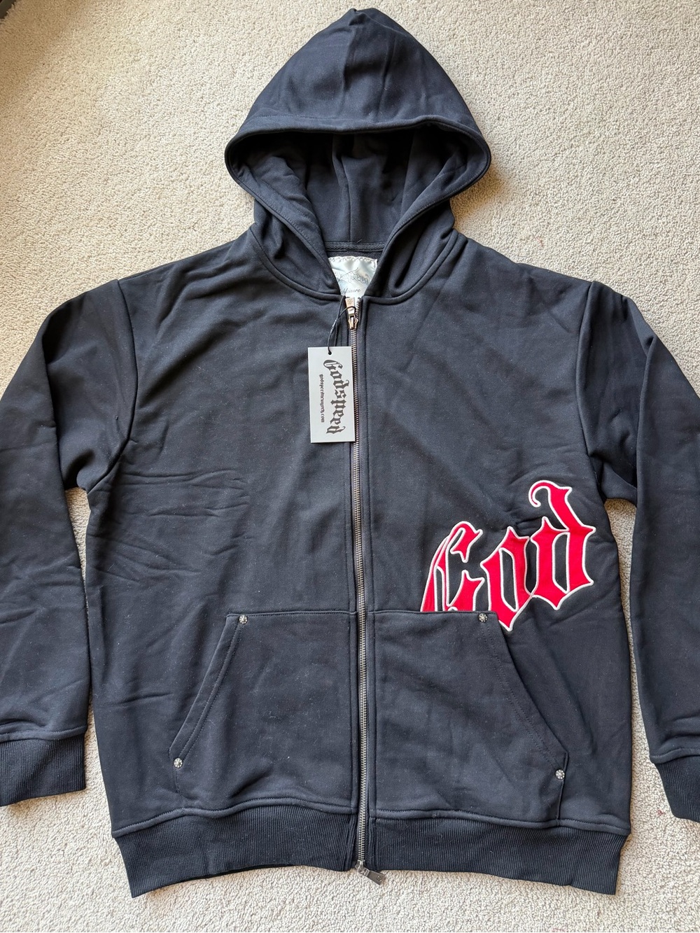 Black Zip-Up Hoodie with Red Script Side Graphic - Picture 2 of 6